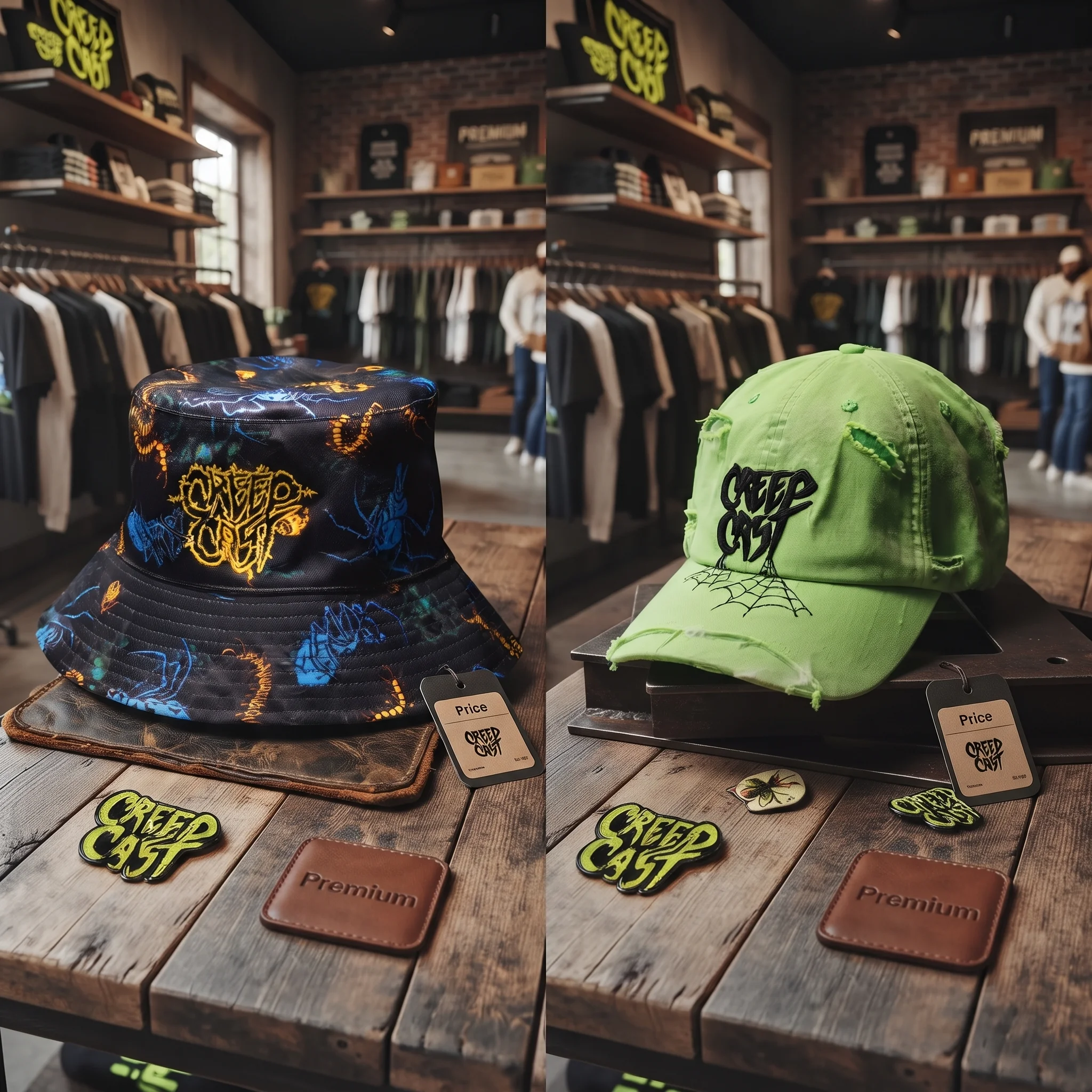 Creep Cast embroidered beanies, caps and horror podcast headwear