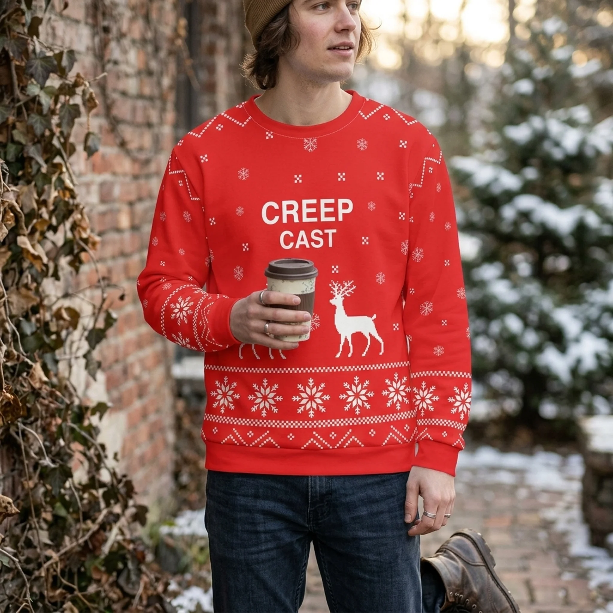 Creep Cast Unisex Sweatshirt (AOP) - worn by model, front view