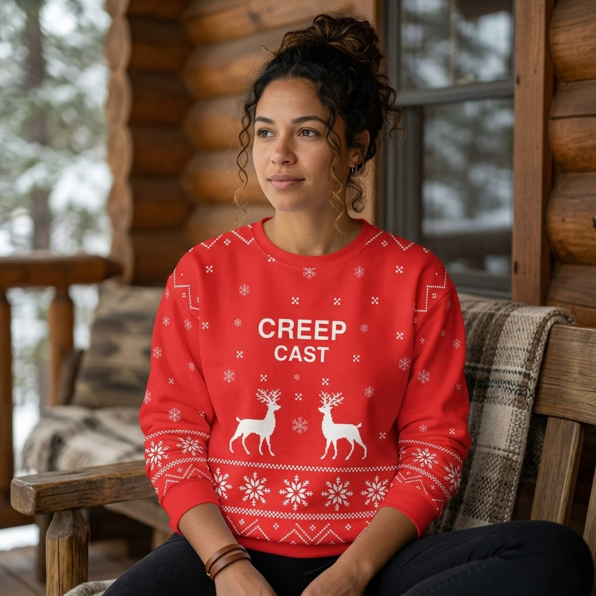 Creep Cast Unisex Sweatshirt (AOP) - worn by model, front view
