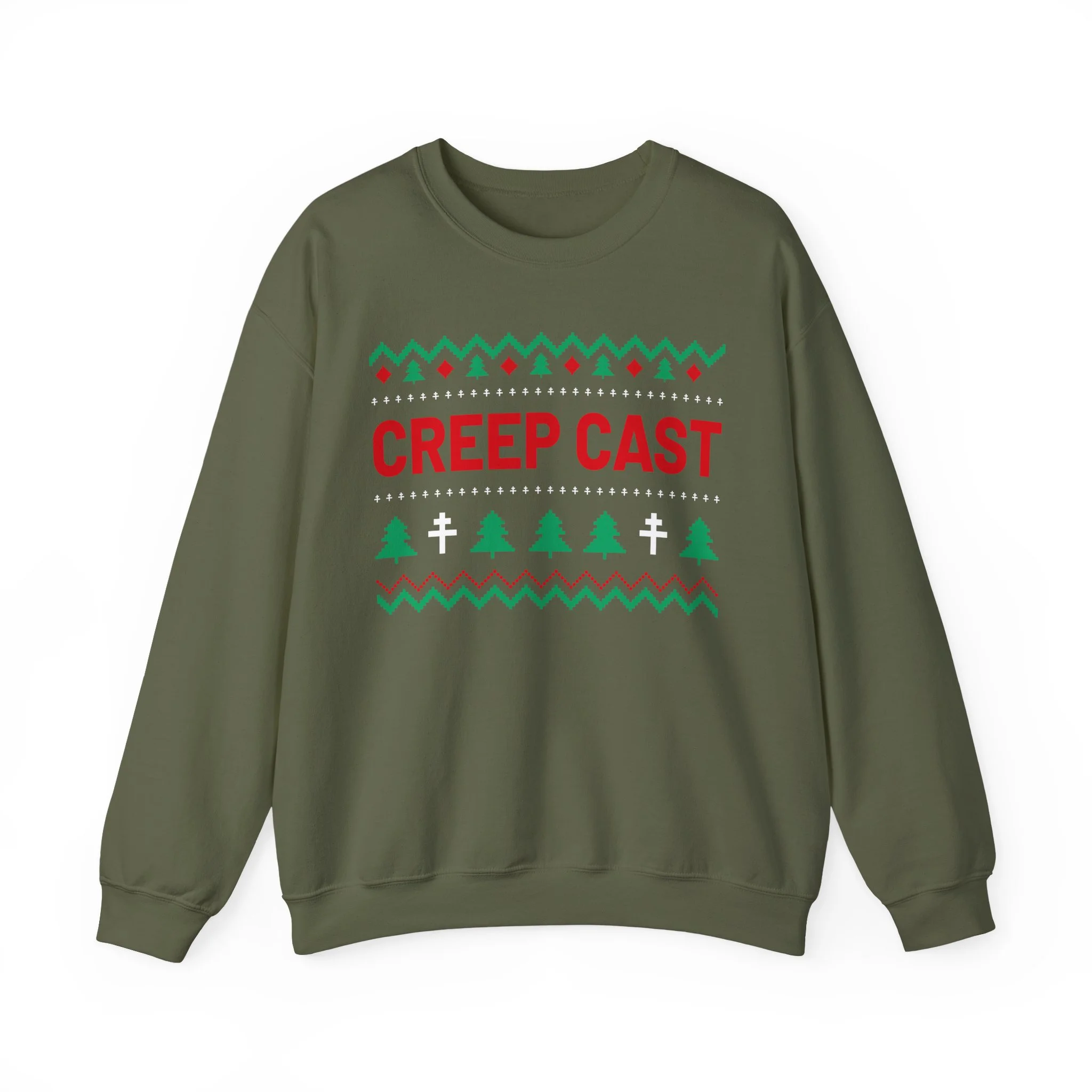 Alternative angle highlight of collar ribbing and craftsmanship on the Creep Cast Heavy Crewneck Sweatshirt - Creep Cast Merch