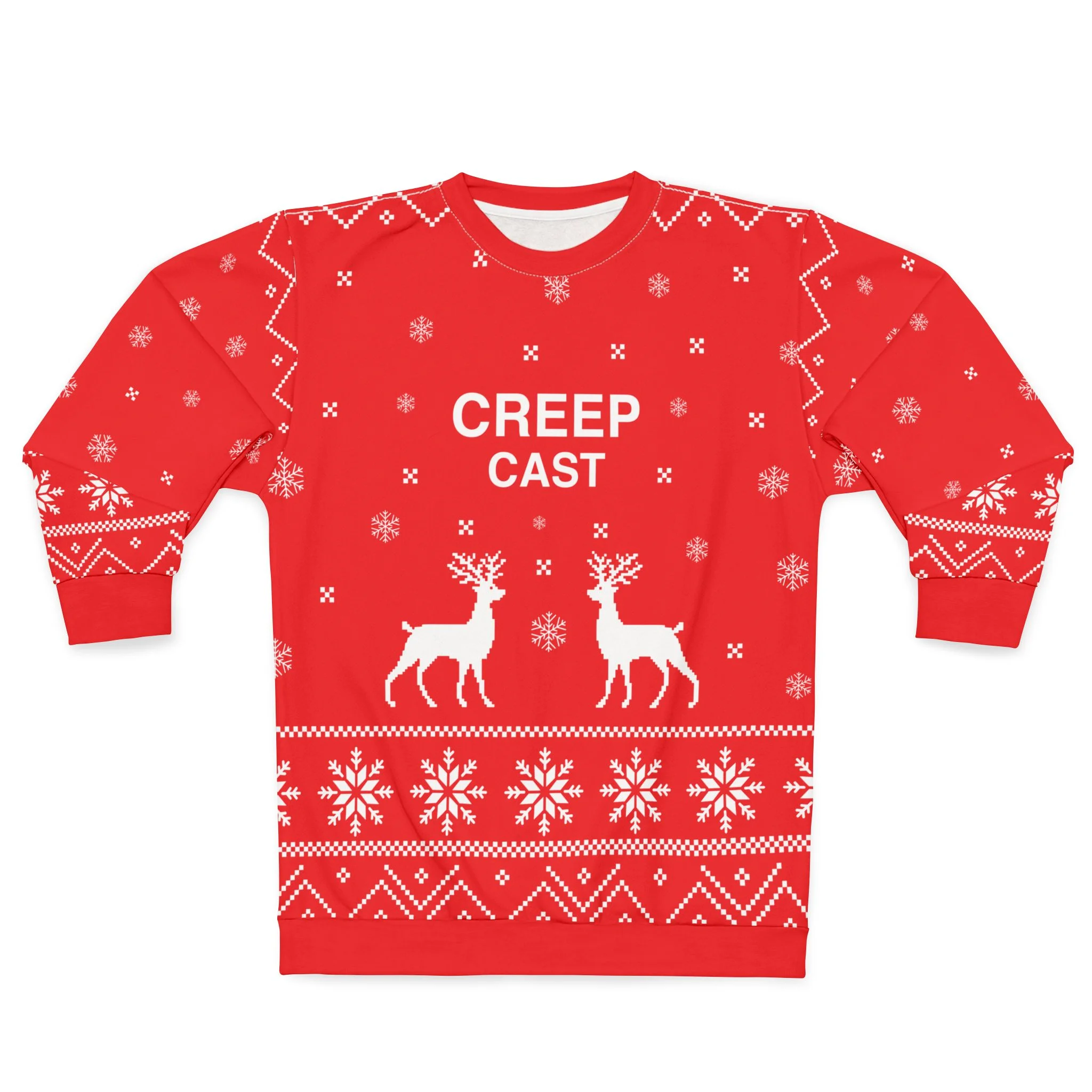 Front view of the creep cast aop sweatshirt displaying podcast graphic - Creep Cast Merch
