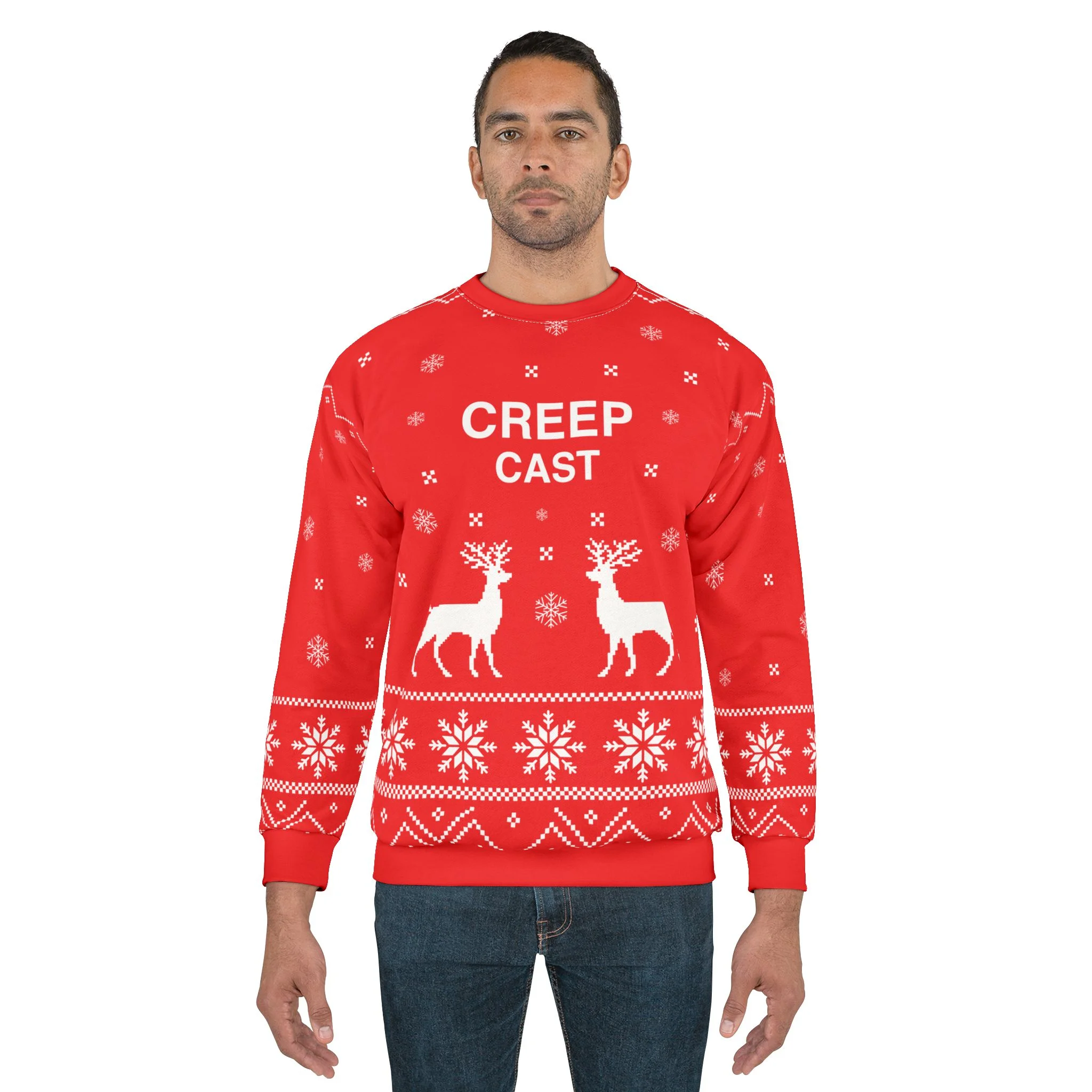 Close-up texture of the fabric weave and reinforced stitching on the Creep Cast AOP Sweatshirt All Over - Creep Cast Merch