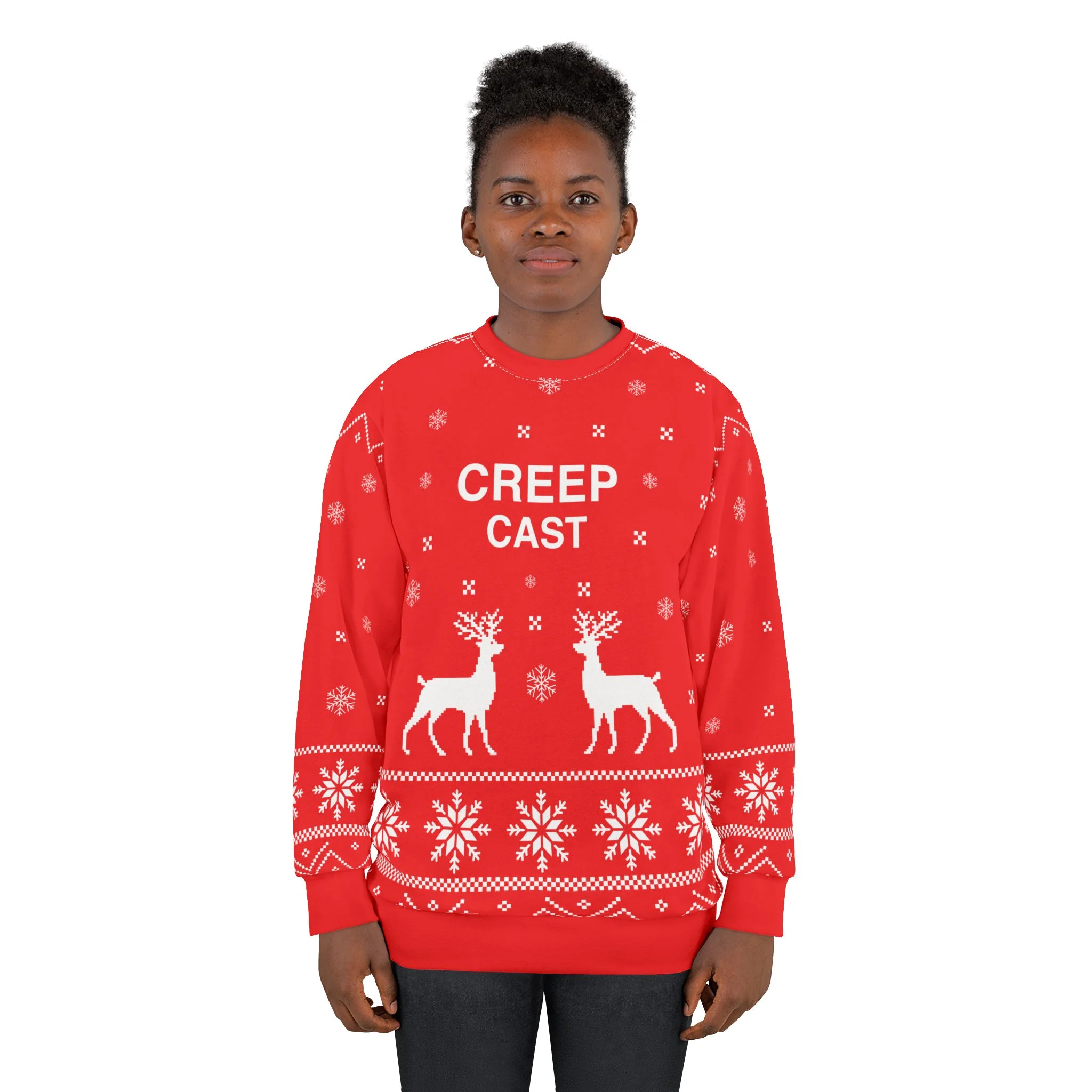 Angled laydown showcasing garment drape and sleeve finishing on the Creep Cast AOP Sweatshirt All Over - Creep Cast Merch