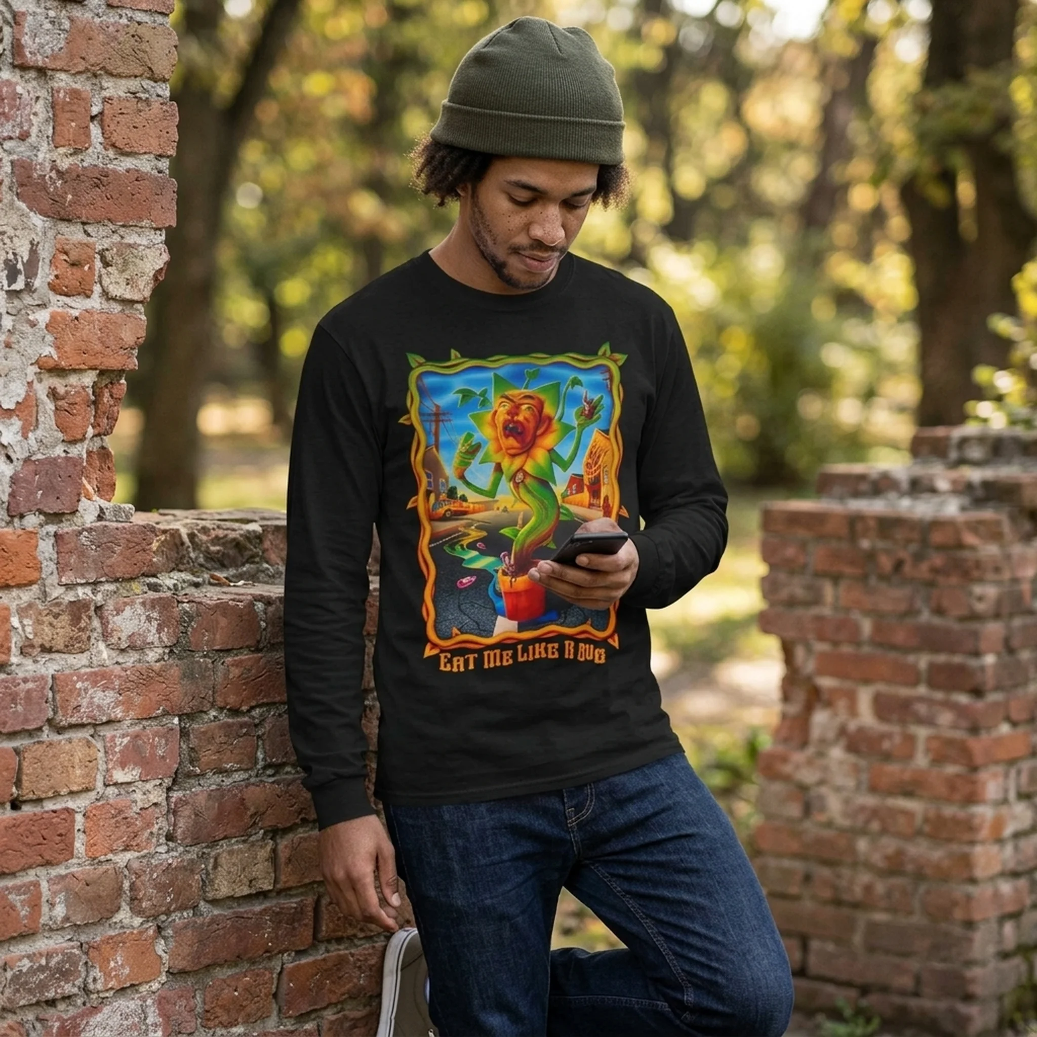 Creepcast Eat Me Like a Bug Unisex Ultra Cotton Long Sleeve Tee - worn by model, front view