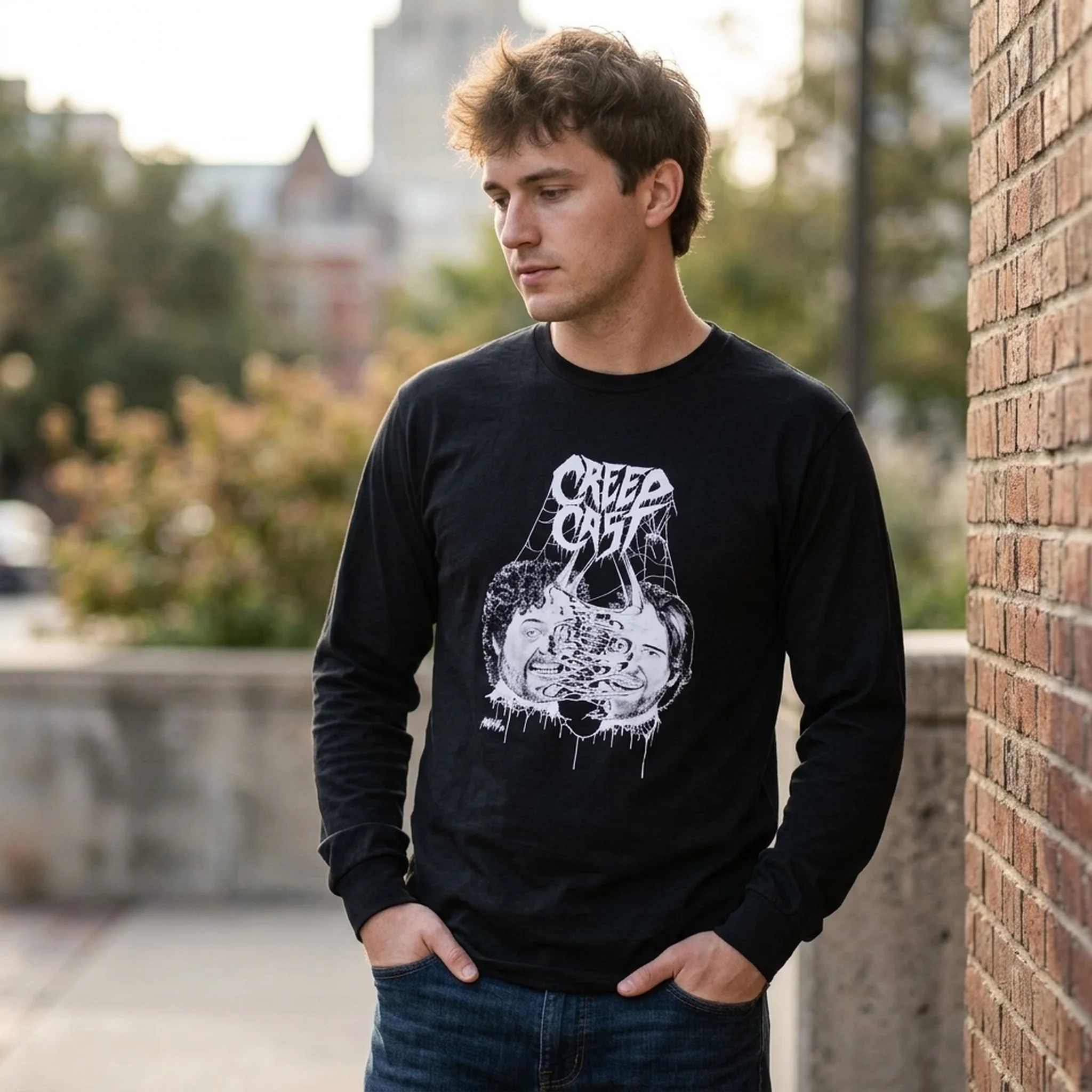 Creepcast Faces Unisex Ultra Cotton Long Sleeve Tee - worn by model, front view