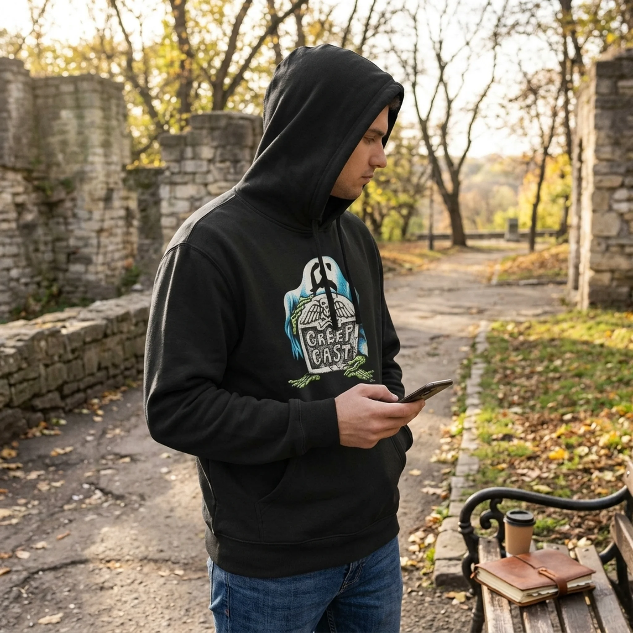 Creepcast Tombstone Three-Panel Fleece Hoodie - lifestyle shot
