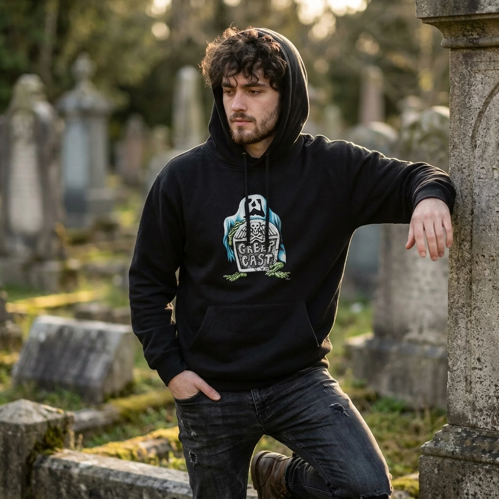 Creepcast Tombstone Three-Panel Fleece Hoodie - worn by model, front view