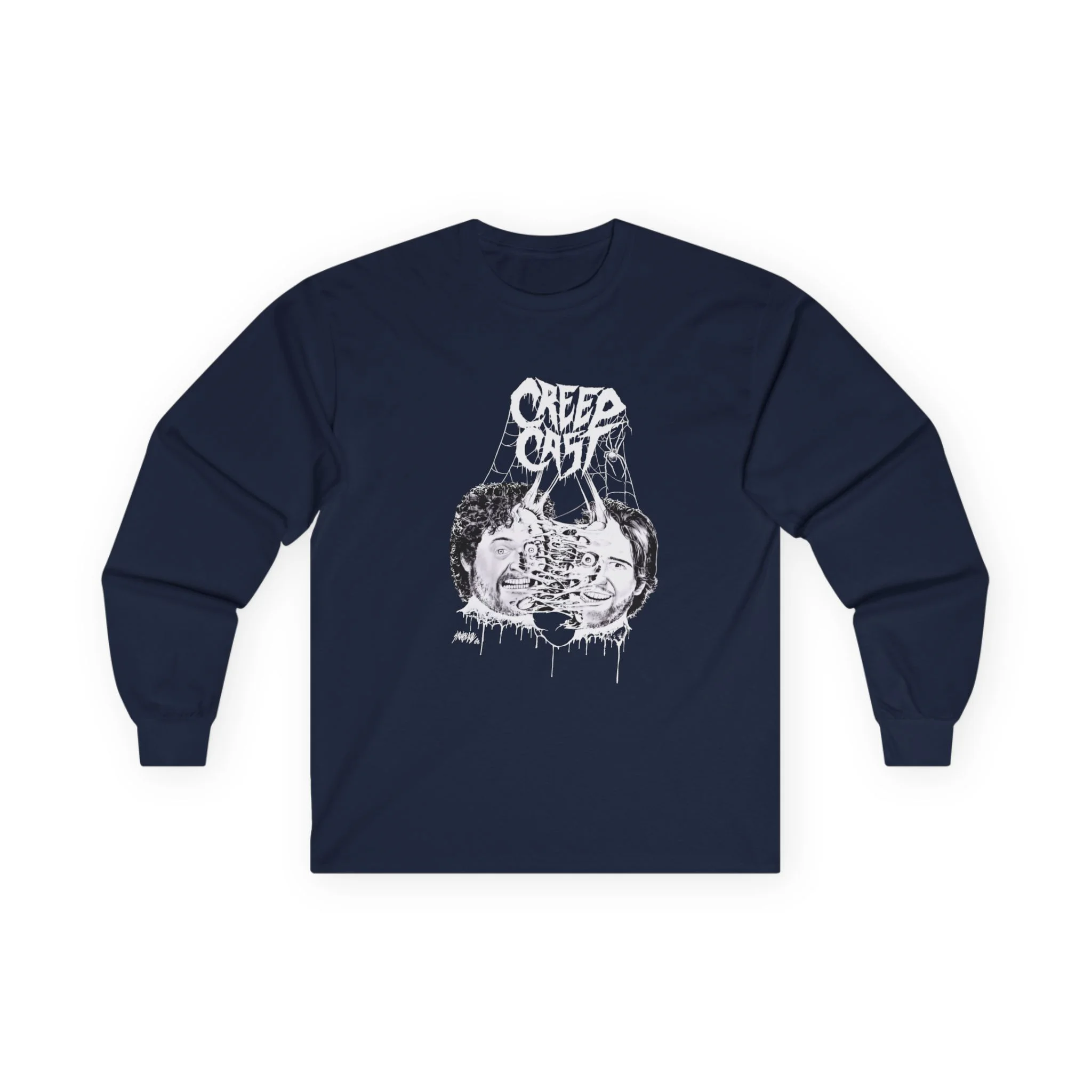 High-definition detail of the screen printed graphic on the Creepcast Faces Longsleeve Shirt - Creep Cast Merch