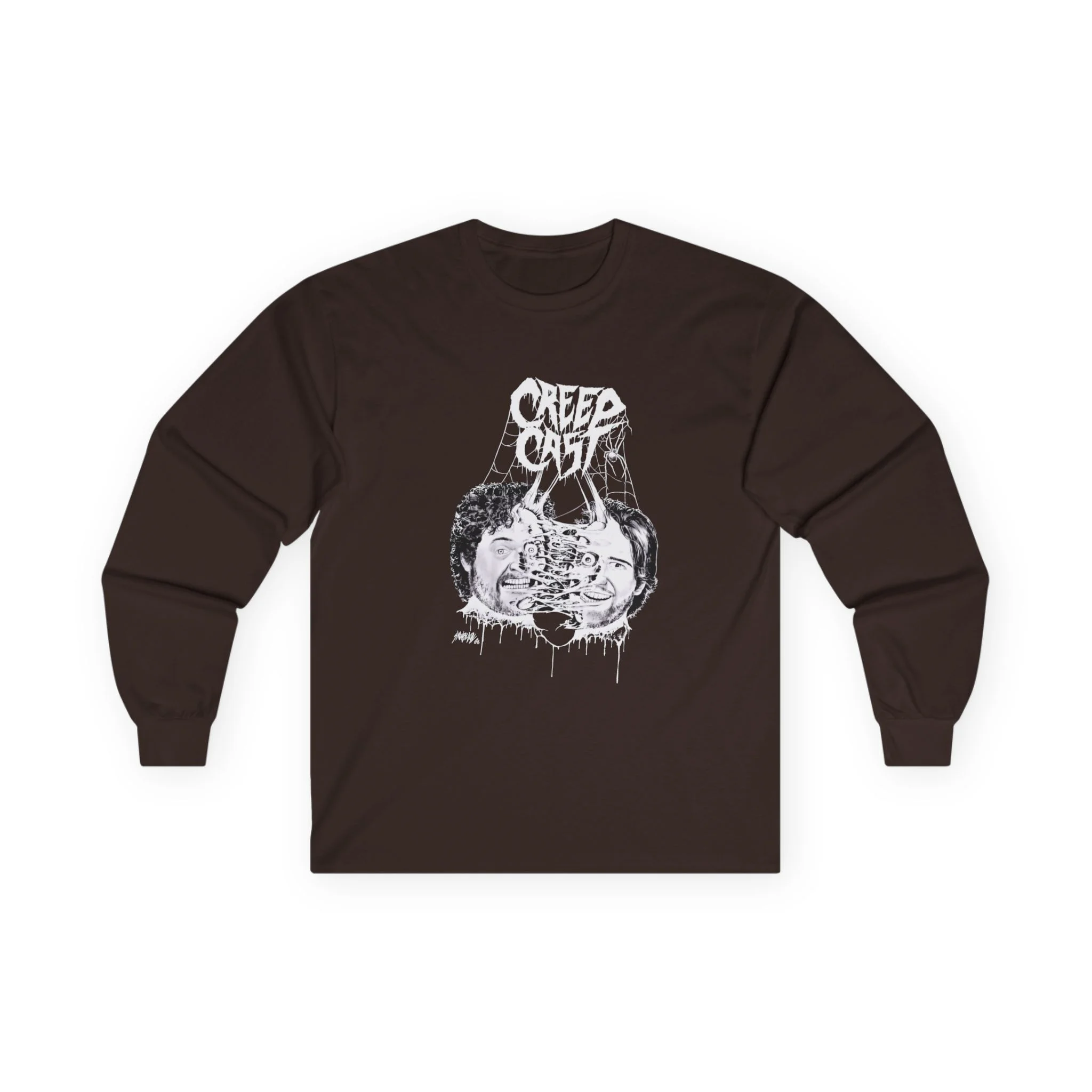 Close-up texture of the fabric weave and reinforced stitching on the Creepcast Faces Longsleeve Shirt - Creep Cast Merch