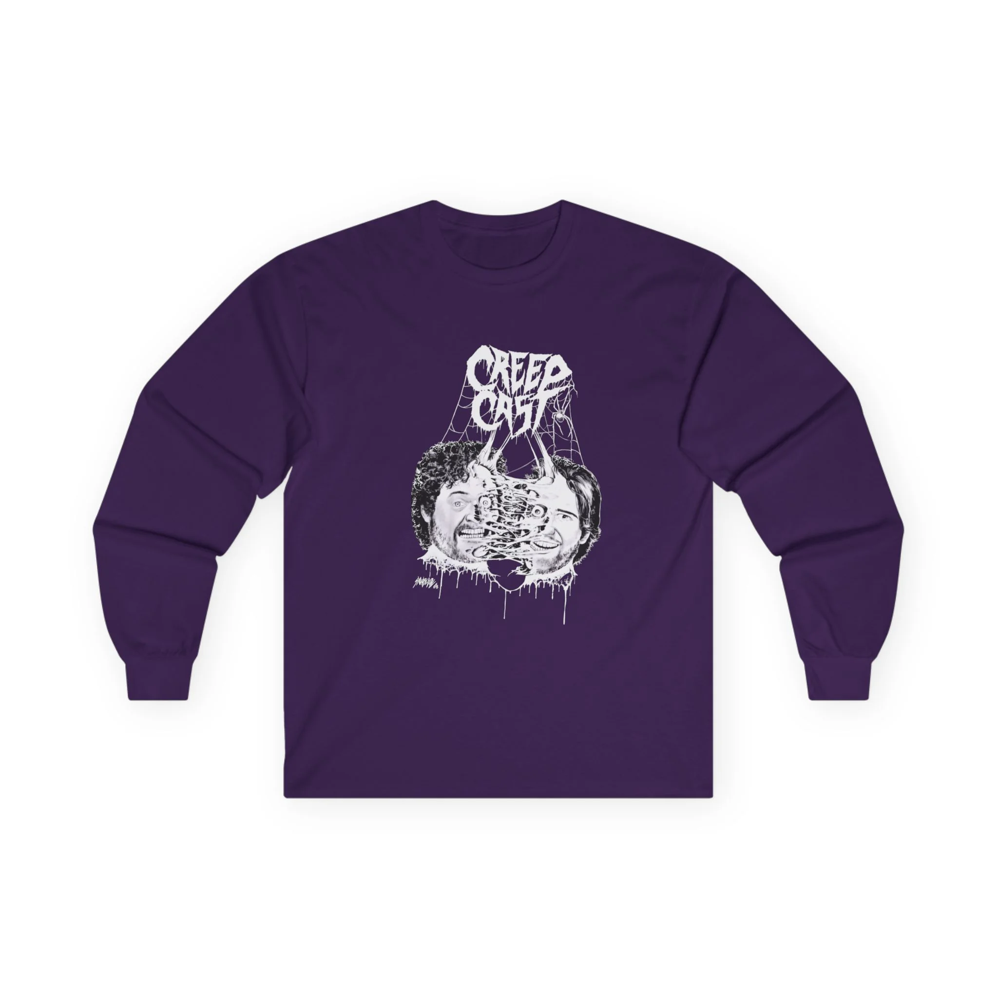 Alternative angle highlight of collar ribbing and craftsmanship on the Creepcast Faces Longsleeve Shirt - Creep Cast Merch