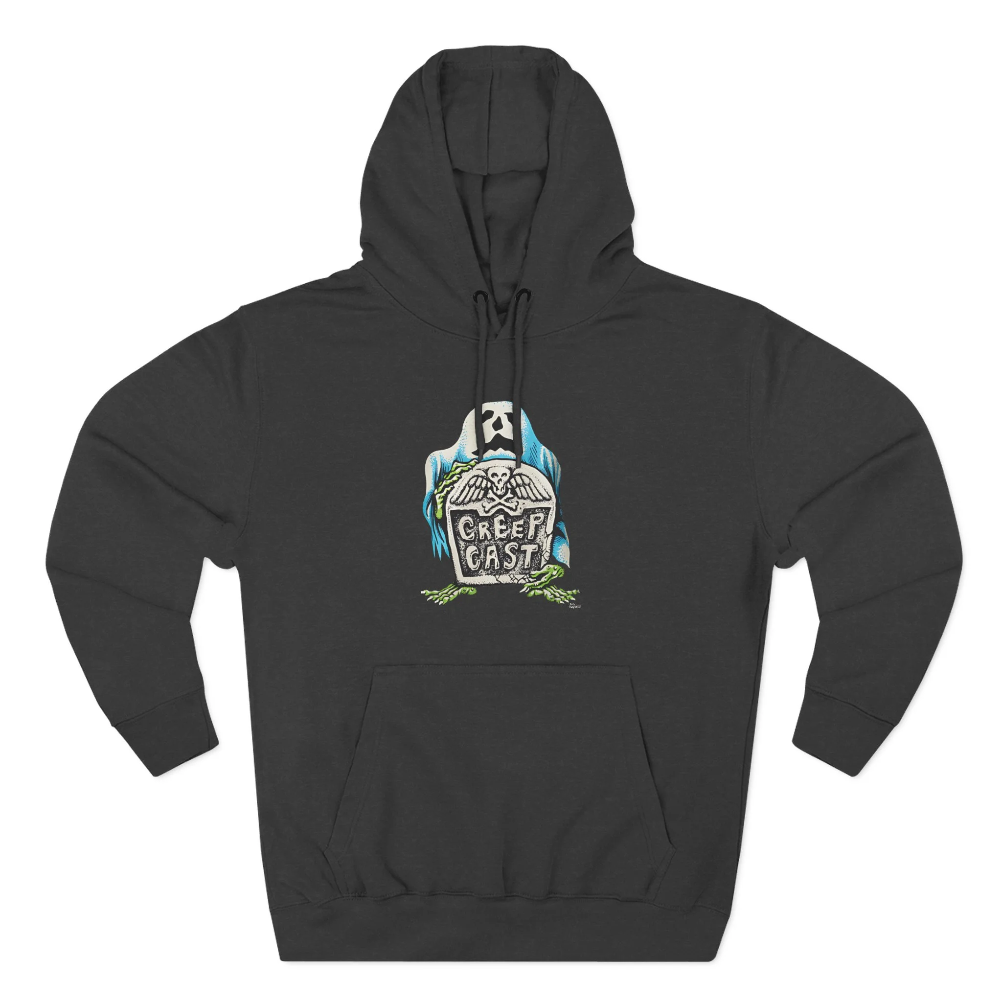 Close-up texture of the fabric weave and reinforced stitching on the Creepcast Tombstone Fleece Hoodie - Creep Cast Merch