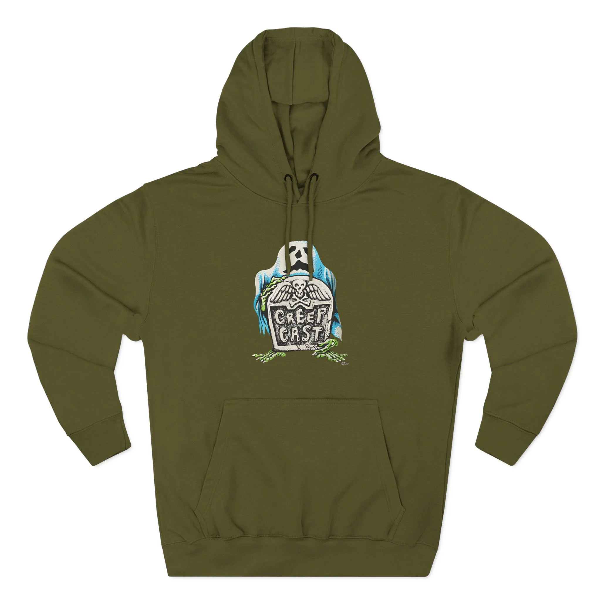 High-definition detail of the screen printed graphic on the Creepcast Tombstone Fleece Hoodie - Creep Cast Merch