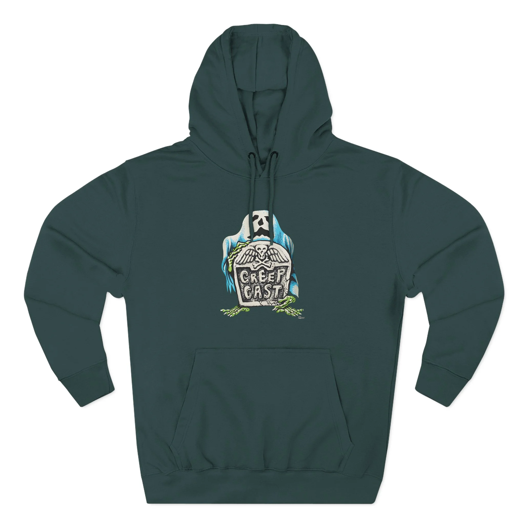 Alternative angle highlight of collar ribbing and craftsmanship on the Creepcast Tombstone Fleece Hoodie - Creep Cast Merch