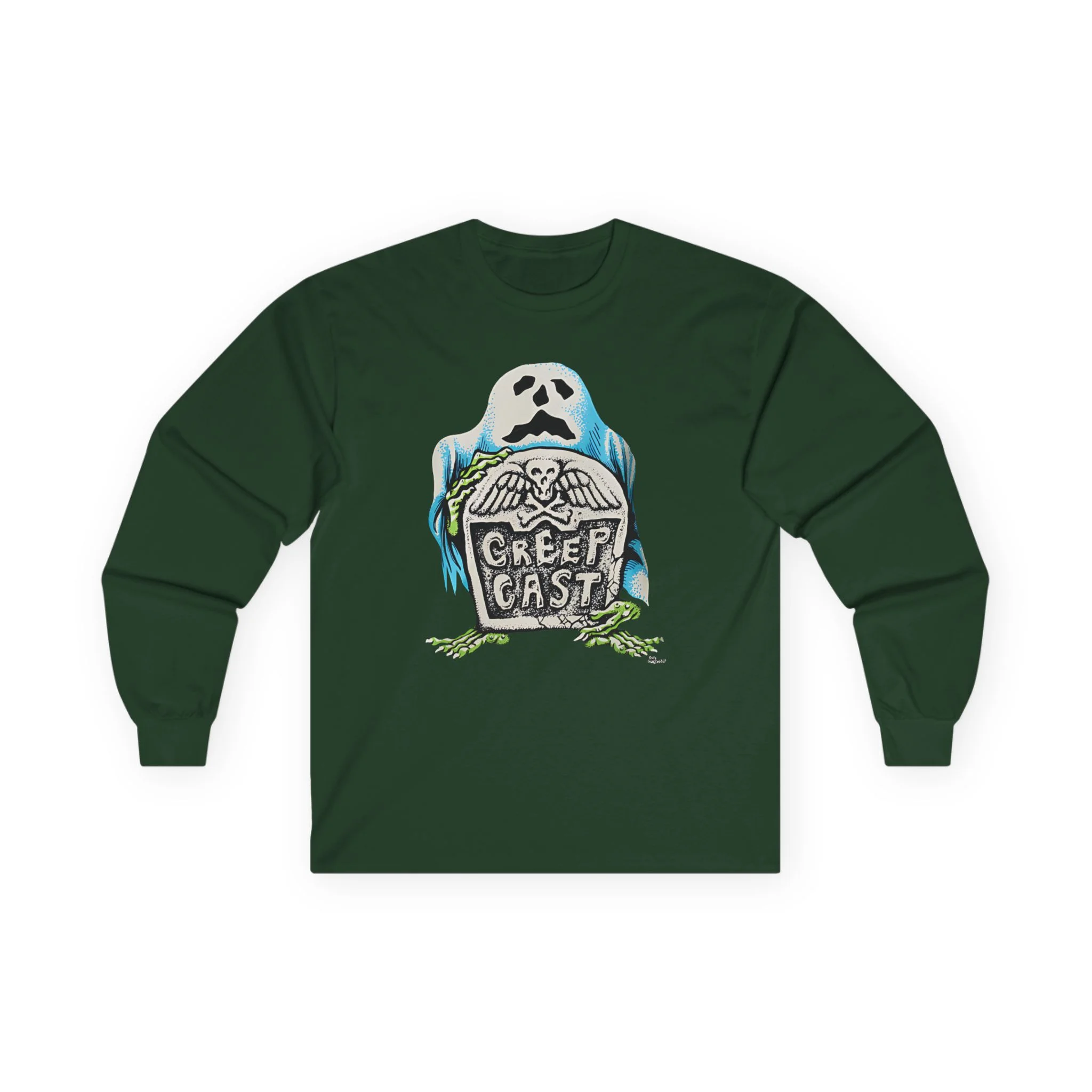 Alternative angle highlight of collar ribbing and craftsmanship on the Creepcast Tombstone Longsleeve Top - Creep Cast Merch
