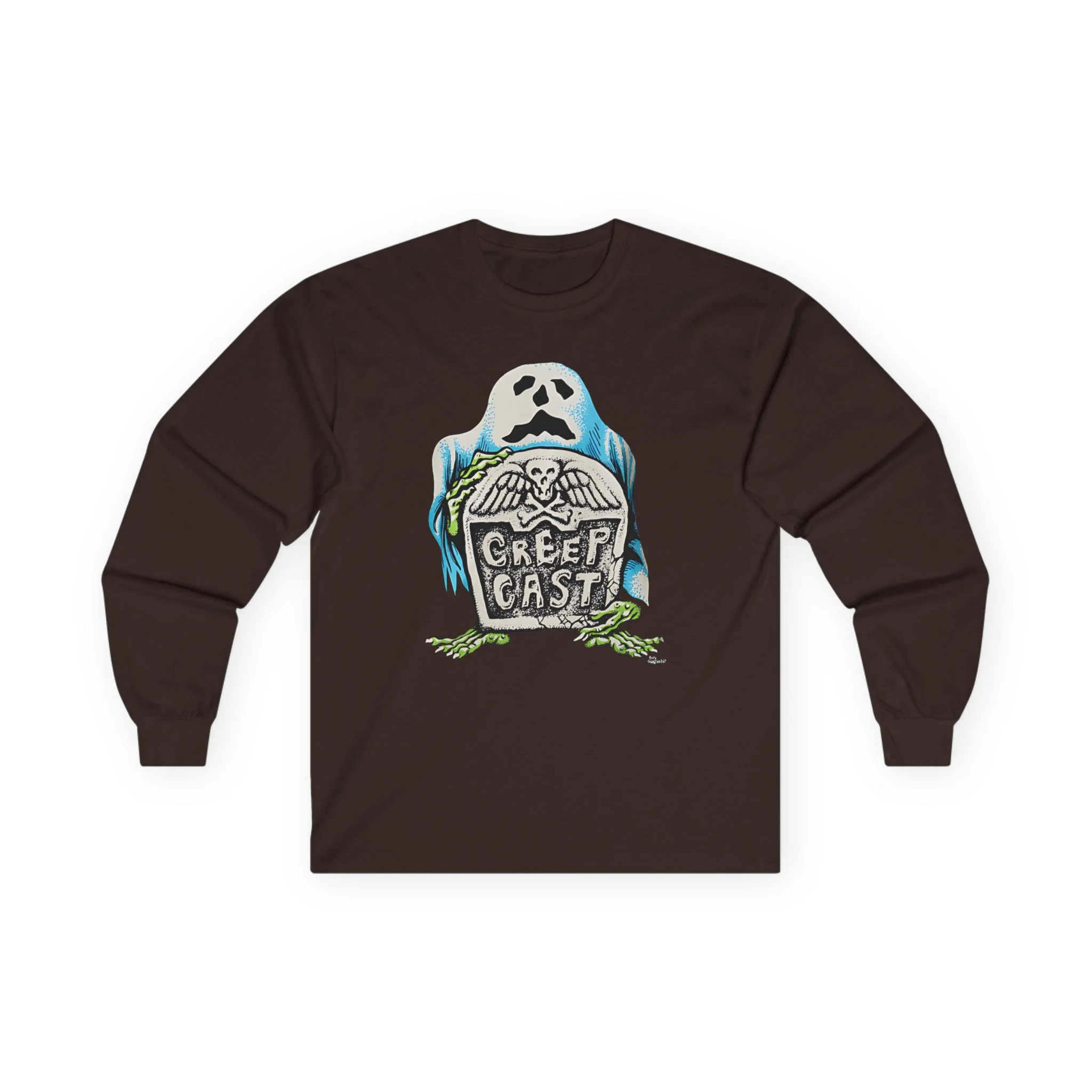 High-definition detail of the screen printed graphic on the Creepcast Tombstone Longsleeve Top - Creep Cast Merch