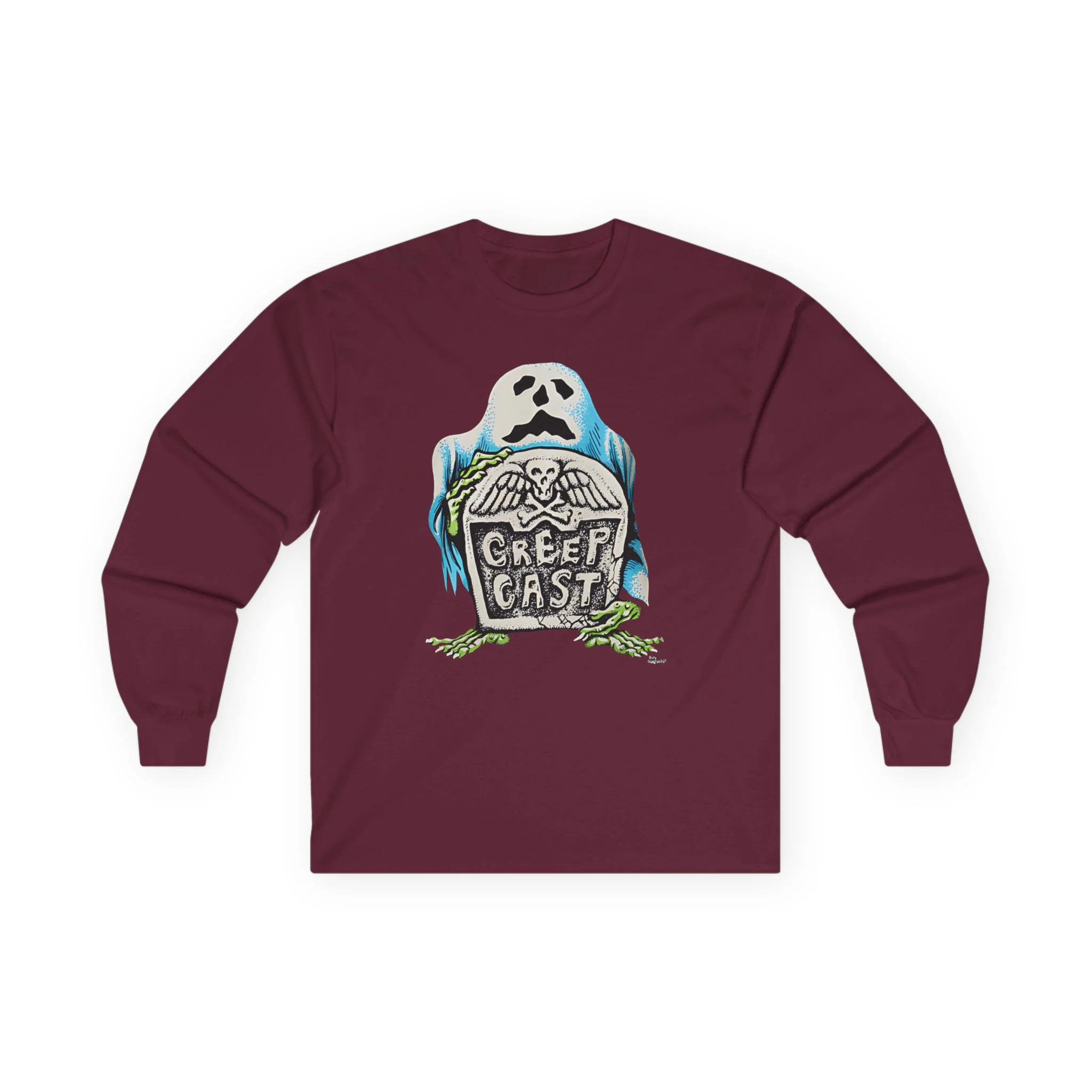 Close-up texture of the fabric weave and reinforced stitching on the Creepcast Tombstone Longsleeve Top - Creep Cast Merch