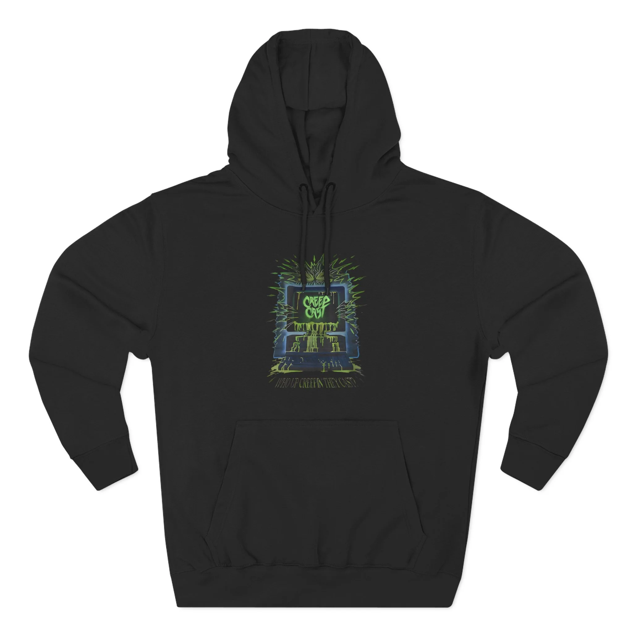Front view of the who up creepin hoodie displaying podcast graphic - Creep Cast Merch
