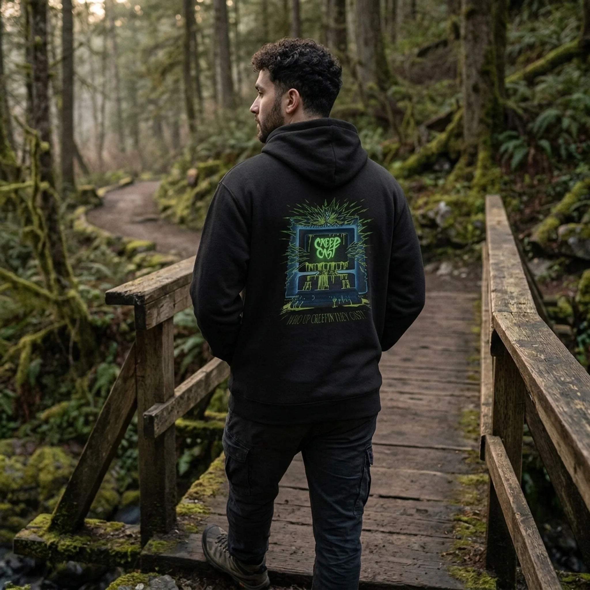 Creepcast Who Up Creepin Three-Panel Fleece Hoodie - lifestyle shot