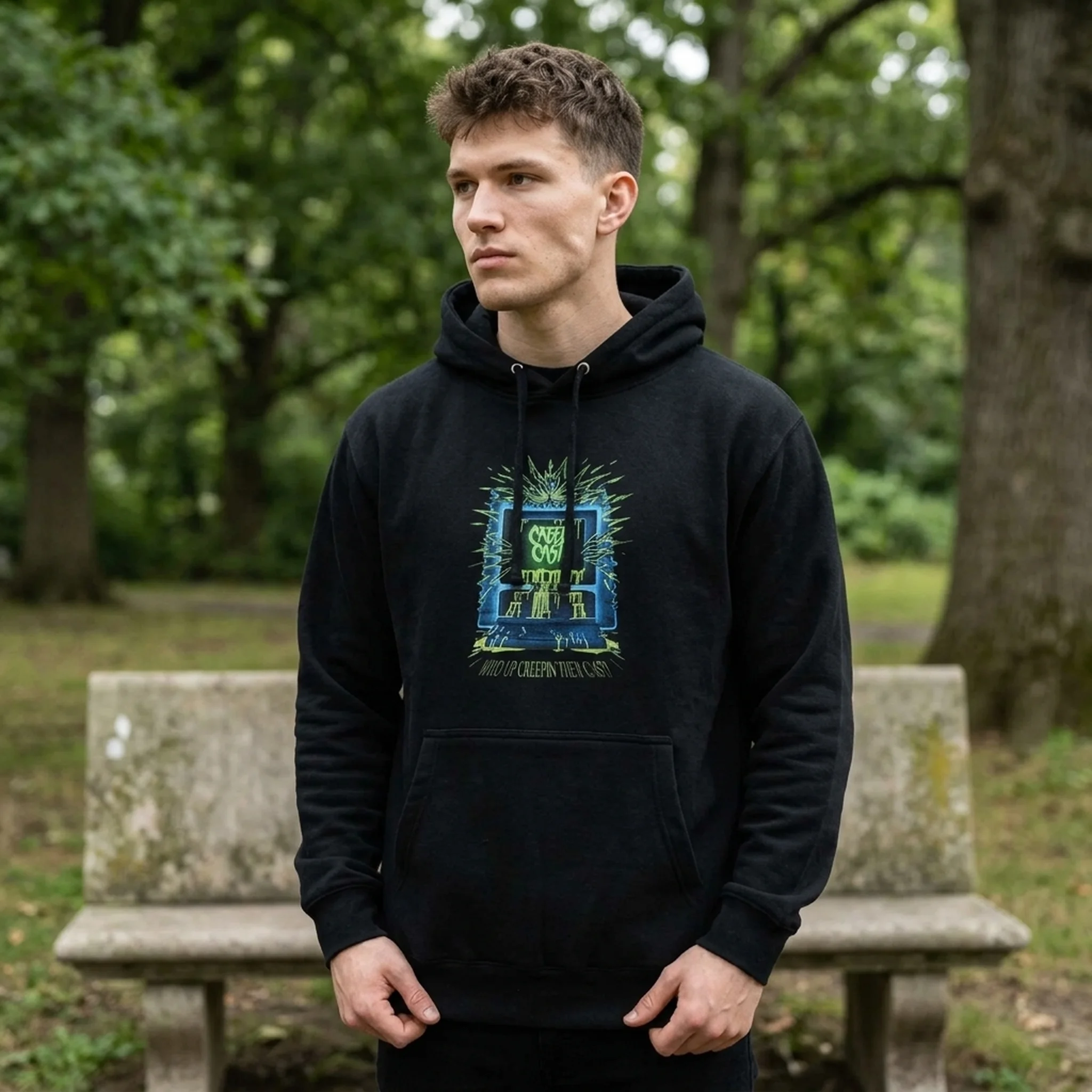 Creepcast Who Up Creepin Three-Panel Fleece Hoodie - lifestyle shot