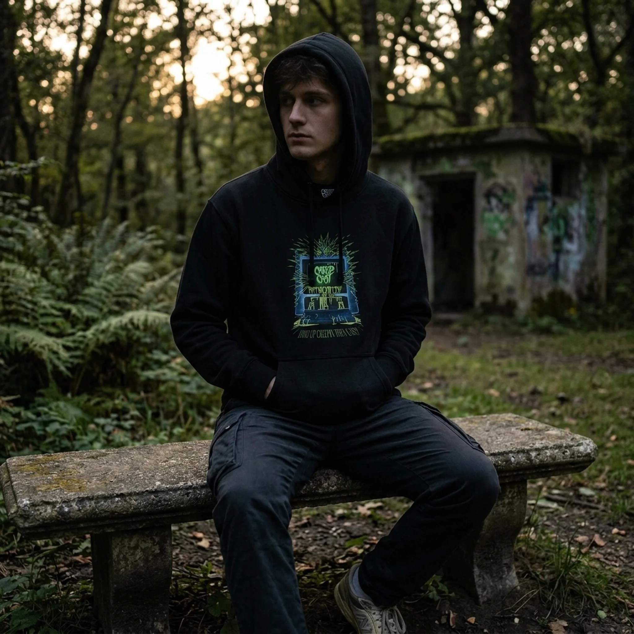 Creepcast Who Up Creepin Three-Panel Fleece Hoodie - worn by model, front view