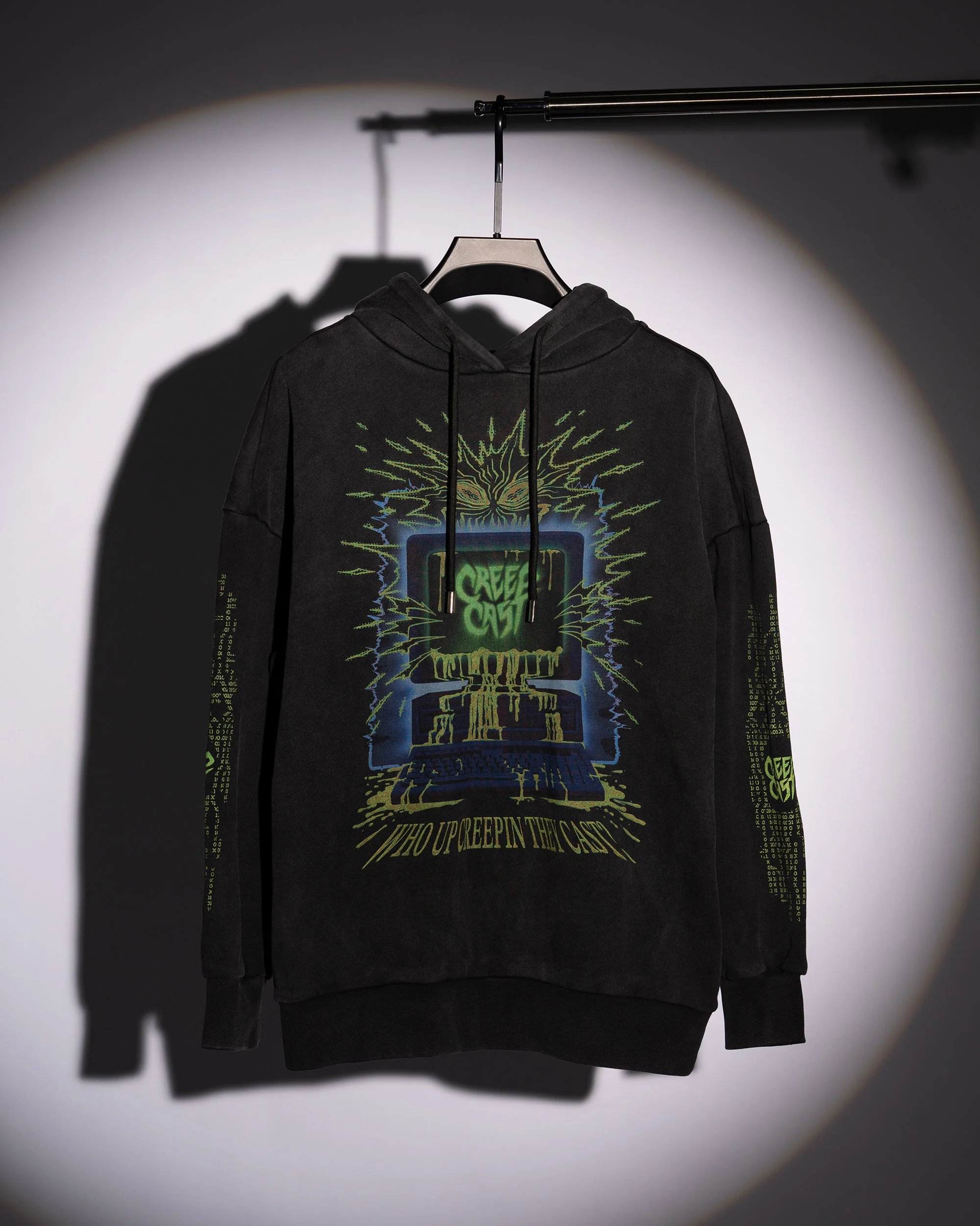 Front view of the who up creepin pullover displaying podcast graphic - Creep Cast Merch