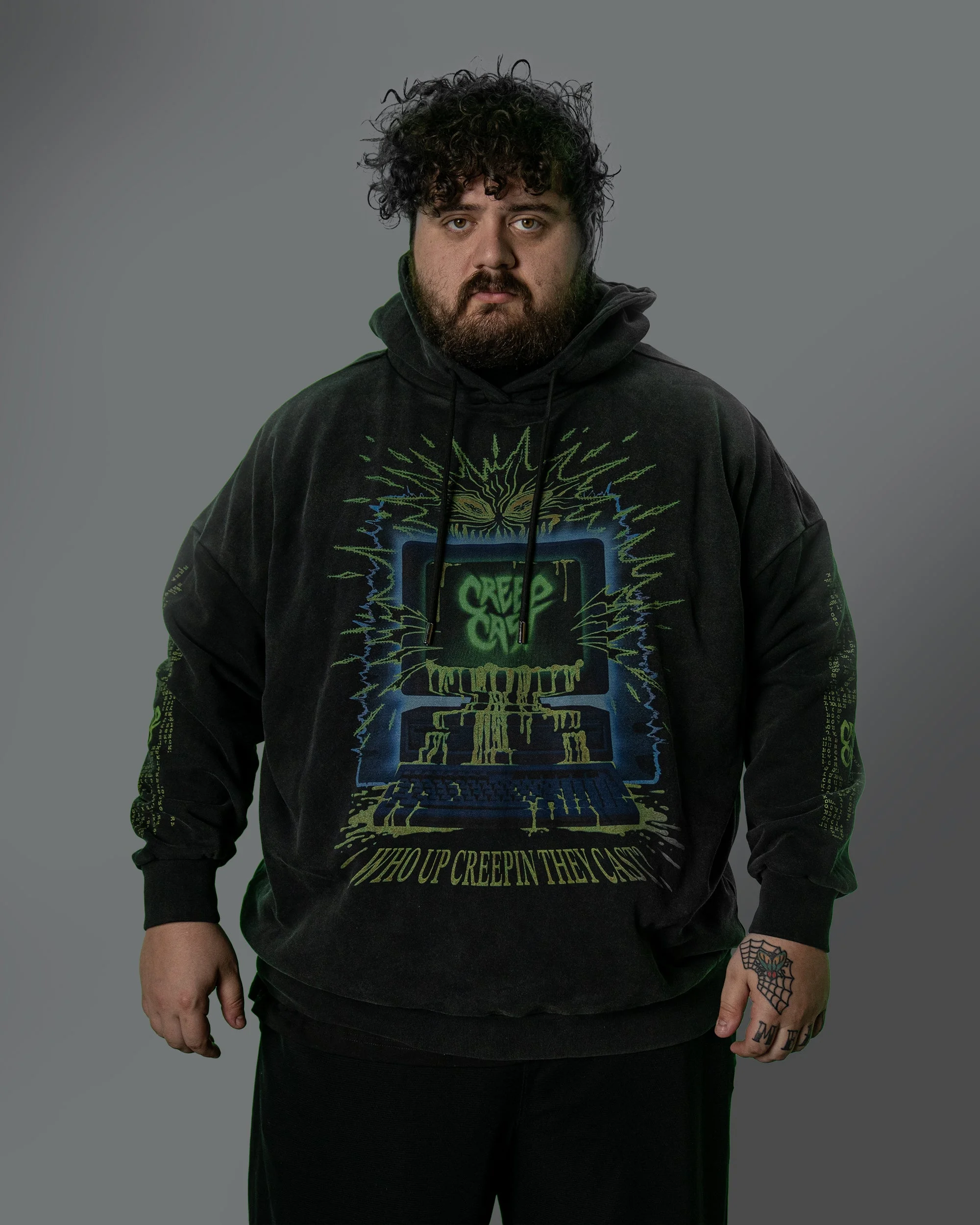 Close-up texture of the fabric weave and reinforced stitching on the Who Up Creepin Pullover Hoodie Top - Creep Cast Merch
