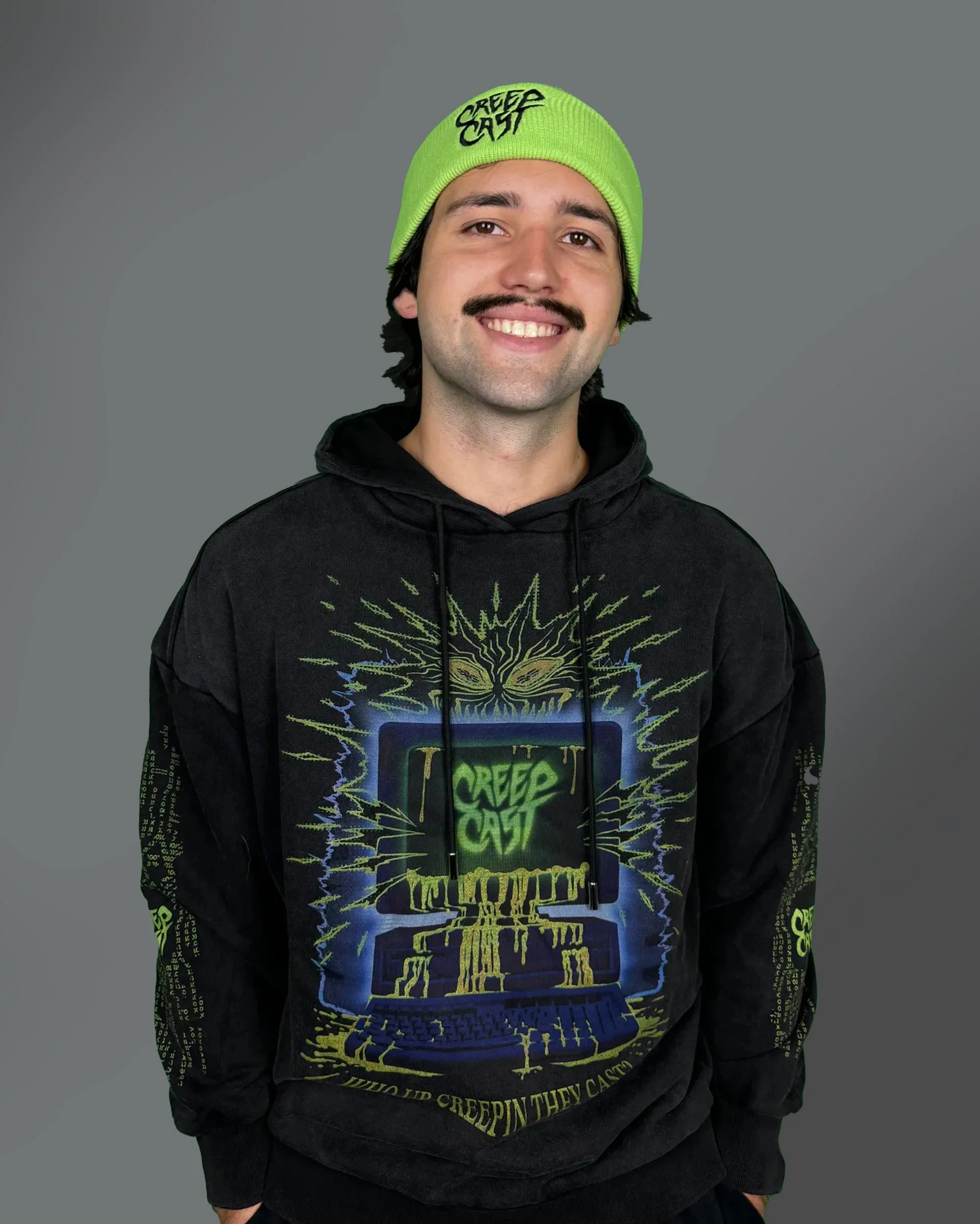 High-definition detail of the screen printed graphic on the Who Up Creepin Pullover Hoodie Top - Creep Cast Merch