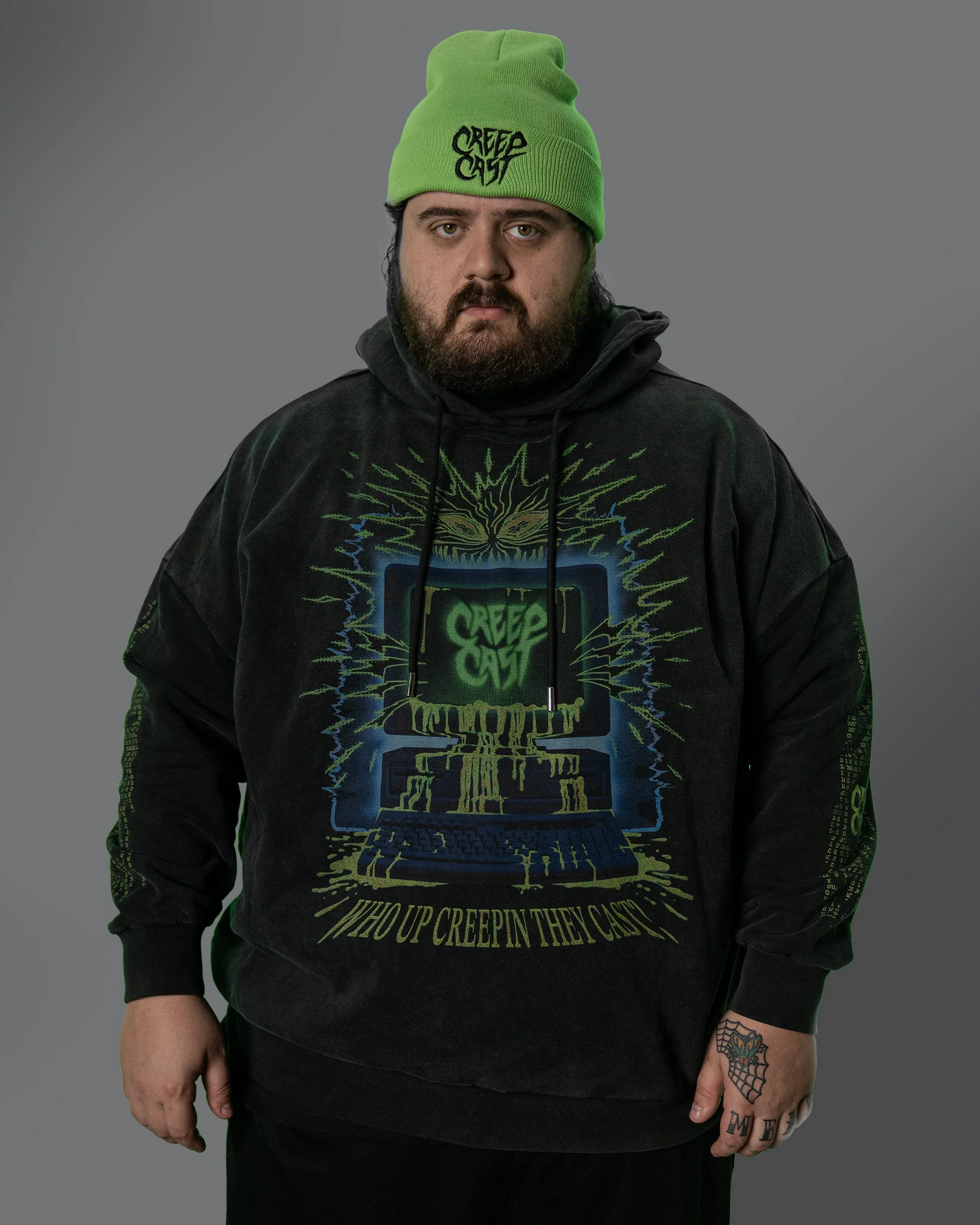 Lifestyle perspective displaying the relaxed unisex fit of the Who Up Creepin Pullover Hoodie Top - Creep Cast Merch