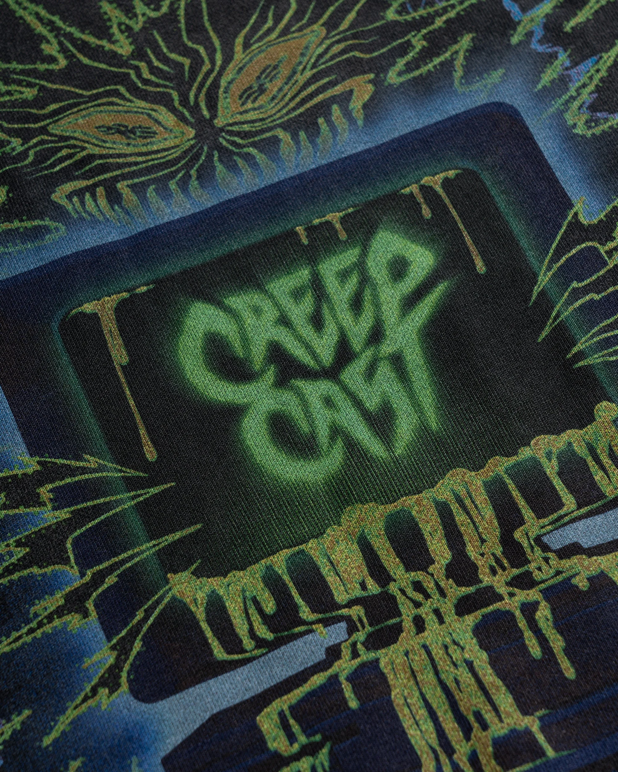 Alternative angle highlight of collar ribbing and craftsmanship on the Who Up Creepin Pullover Hoodie Top - Creep Cast Merch
